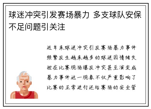 球迷冲突引发赛场暴力 多支球队安保不足问题引关注