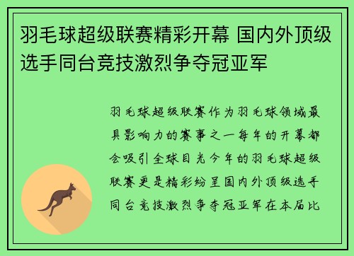 羽毛球超级联赛精彩开幕 国内外顶级选手同台竞技激烈争夺冠亚军