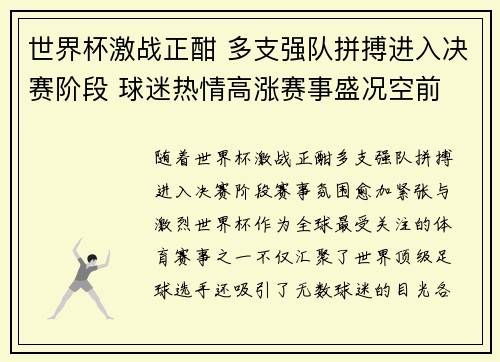 世界杯激战正酣 多支强队拼搏进入决赛阶段 球迷热情高涨赛事盛况空前